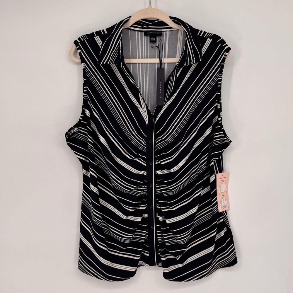 Tamara H Sleeveless Top Women 2X Navy White New Ruched Stripe Button Down